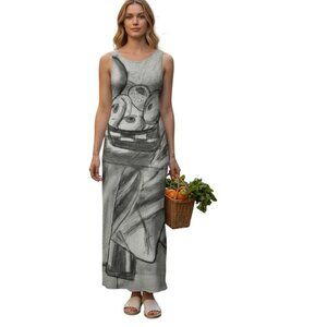 Monochrome Charcoal Art Maxi Rustic Still Life Sketch Dress